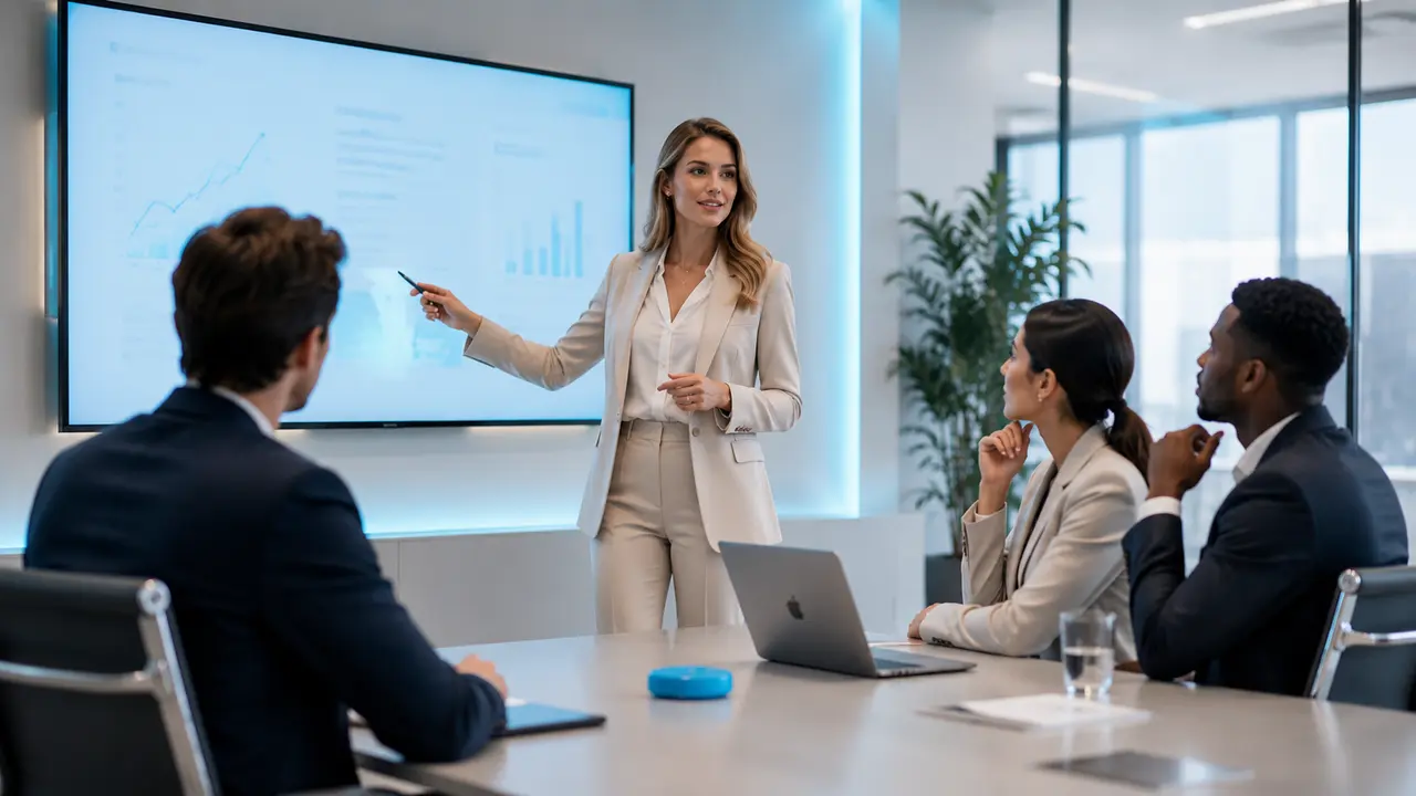 A leader presenting consolidated GRC results to her team