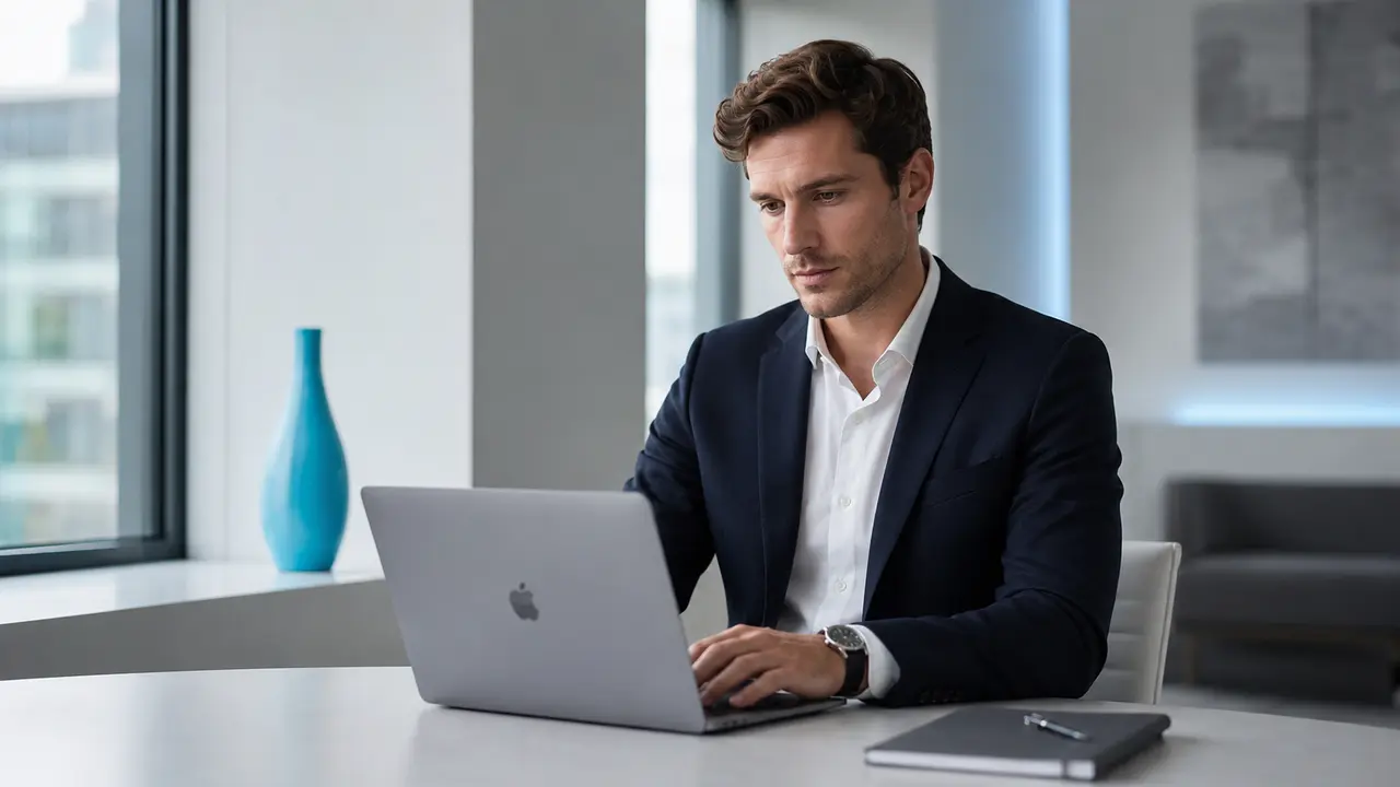 A professional focused at a laptop in a bright modern office