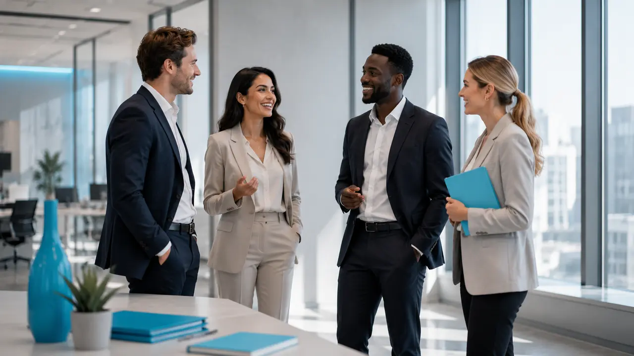 A diverse team of four brought together in one standing discussion