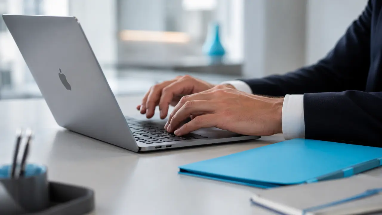 Close-up of a professional working on the platform on a MacBook