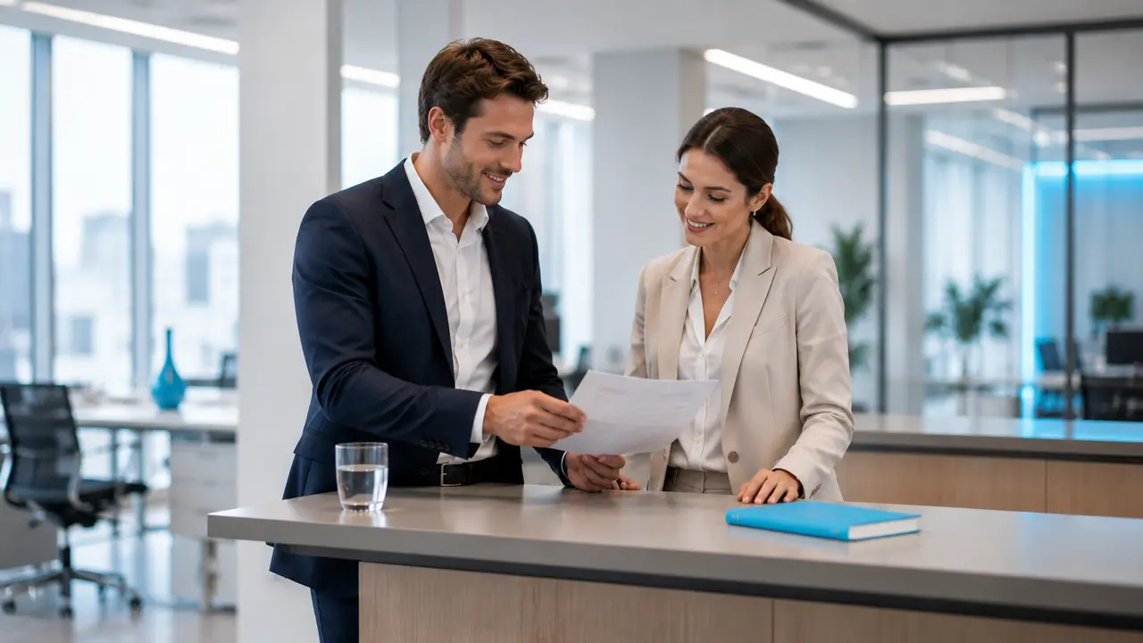 Colleagues reviewing a document together in the office